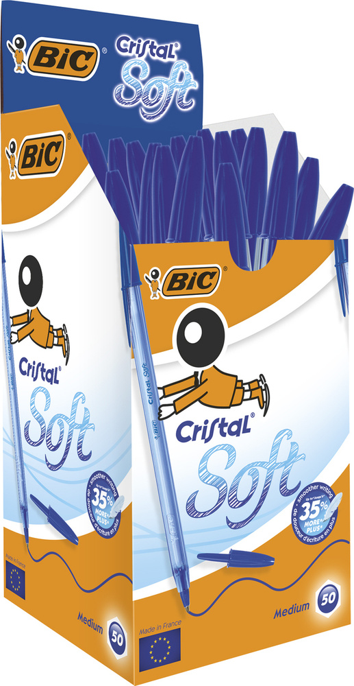 Ручки шариковые синие BIC Cristal Soft, среднее письмо, прозрачный корпус, 50 штук в упаковке  #1