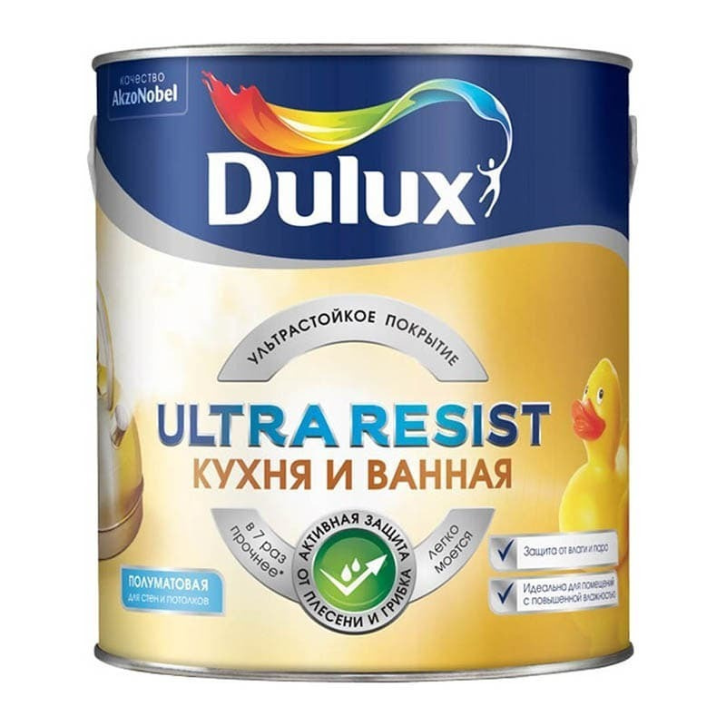Моющаяся краска для стен и потолков Dulux Ultra Resist Кухня и Ванная полуматовая база BW 2,5 л  #1
