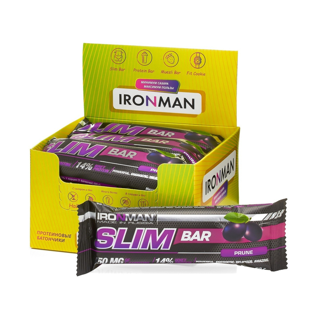Протеиновые батончики бокс 12х50 г Чернослив - темная глазурь для похудения с L-карнитином Slim Bar IRONMAN #1