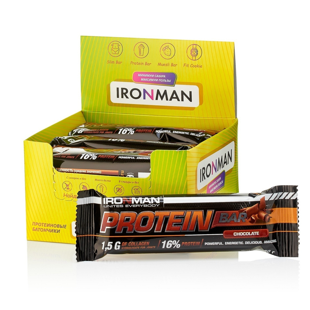 Протеиновые батончики 12х50 г Шоколад - темная глазурь, с коллагеном Protein Bar IRONMAN/ спортивное #1