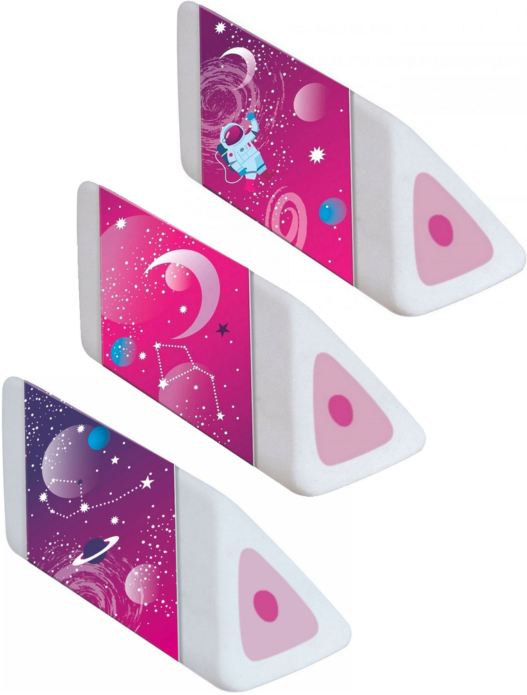 Ластик MAPED COSMIC KIDS, треугольный, белый с цветной серединой, картонный футляр, узор космос розовый, #1