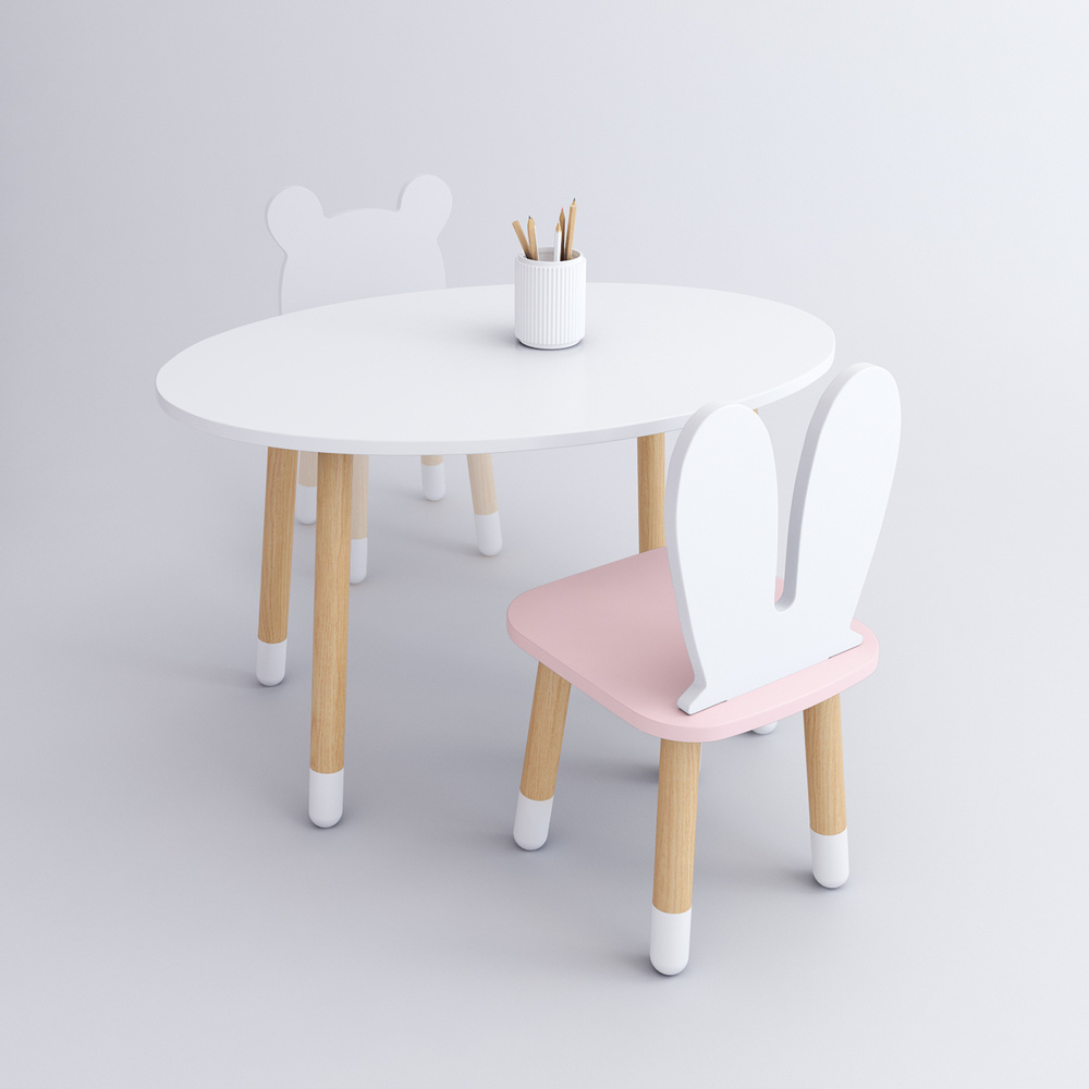 Комплект детской мебели DIMDOMkids, стол "Овал" белый + стул "Зайка" розовый  #1