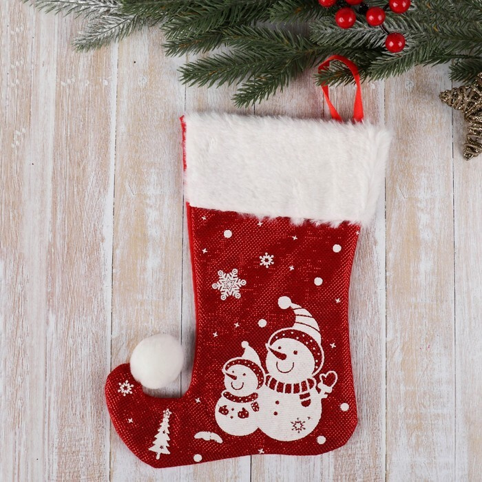 Носок для подарков "Волшебство" Снеговики, 18х25 см, бело-красный  #1