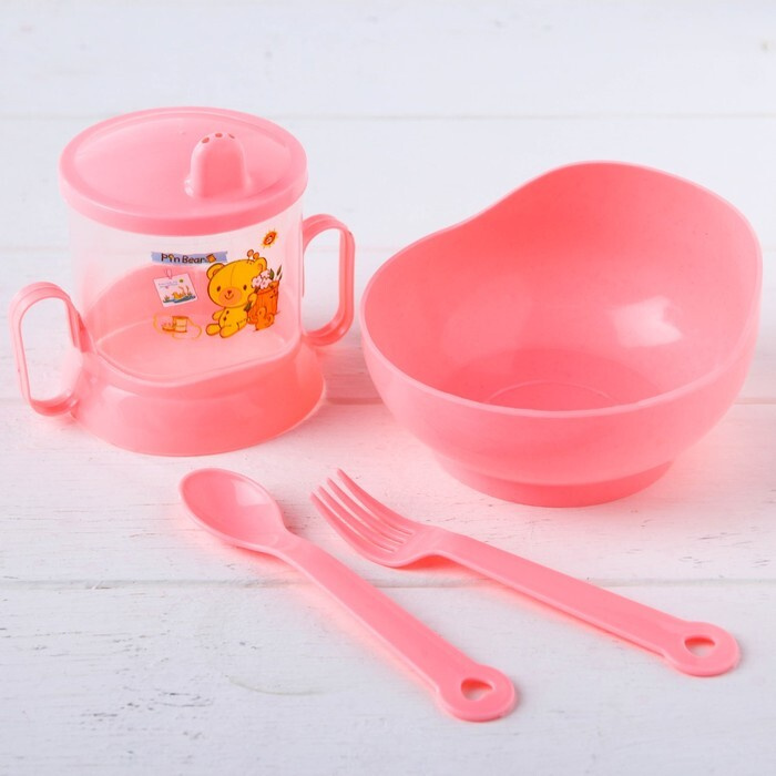 Набор детской посуды, 4 предмета: миска, ложка, вилка, поильник с твёрдым носиком 200 мл, цвета МИКС #1