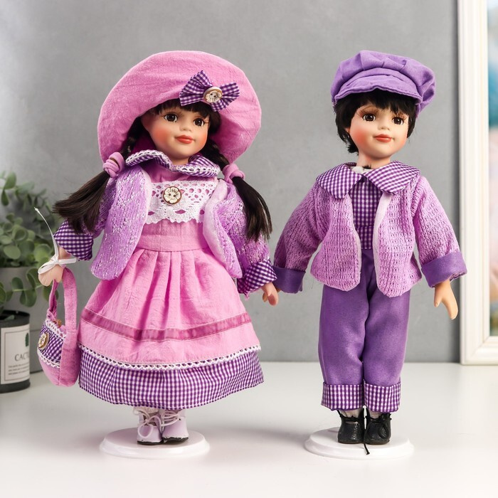 Кукла коллекционная парочка набор 2 шт "Тася и Миша в сиреневых нарядах" 30 см  #1