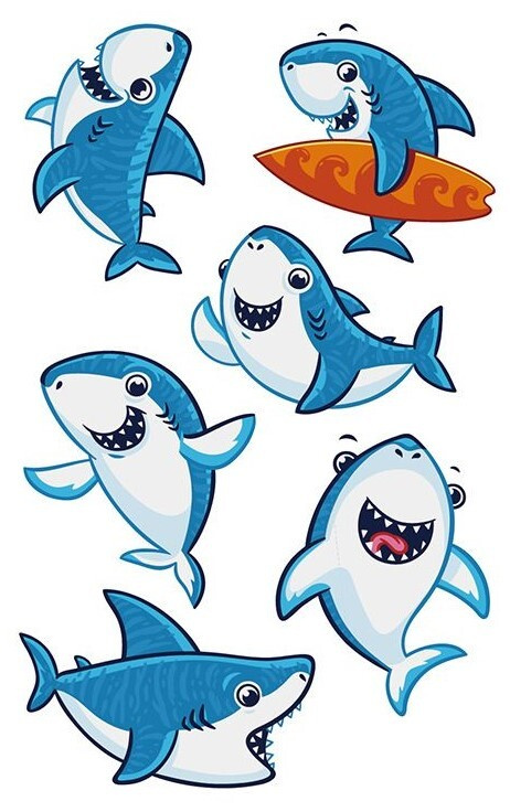 Переводные татуировки детские временные "Веселые акулы 8" 7.5х12 см  #1