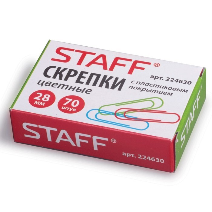 Скрепки канцелярские 28 мм цветные, 70 шт, STAFF, картонная коробка, 2 набор  #1