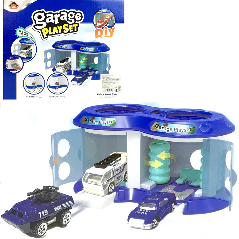 Игровой набор Автомойка Garage Playset, 3 металлические машинки, звук мотора, разгона, полицейская станция, #1