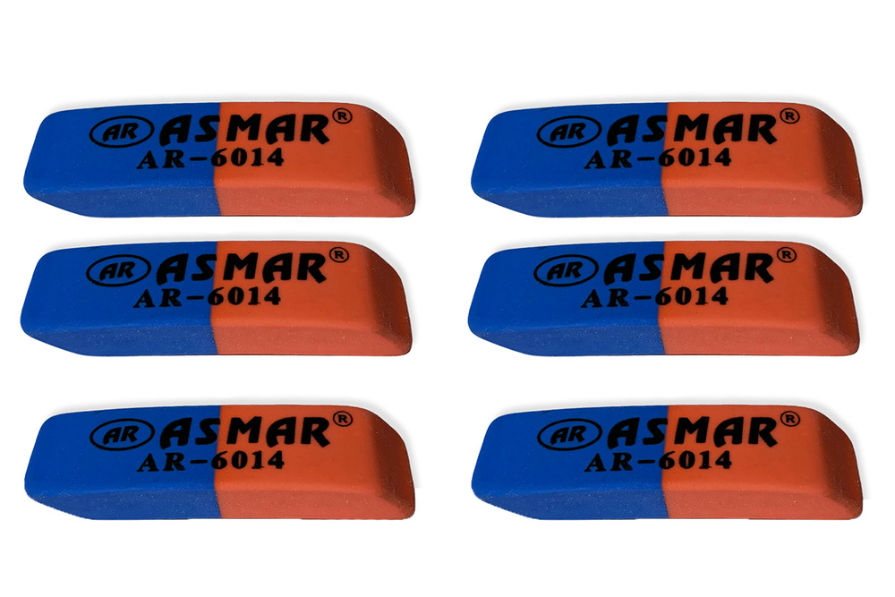 Ластик/резинка стирательная/стерка канцелярская для карандаша Asmar набор 6 шт., размер 52х13х8, красно-синие #1