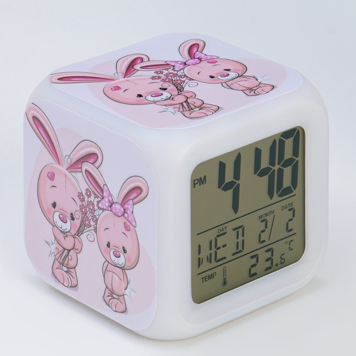 Часы настольные электронные Зайка с подсветкой, будильник,термометр,календарь, 8х8 см  #1