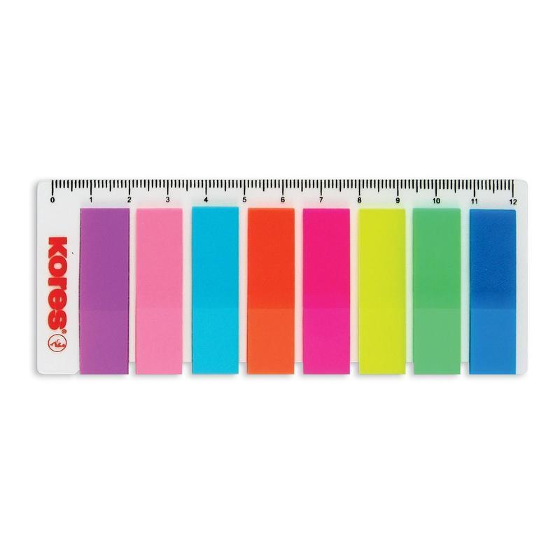 Клейкие закладки пластиковые Kores, 8 цветов неон по 25л., 12х45мм, на линейке (45120)  #1