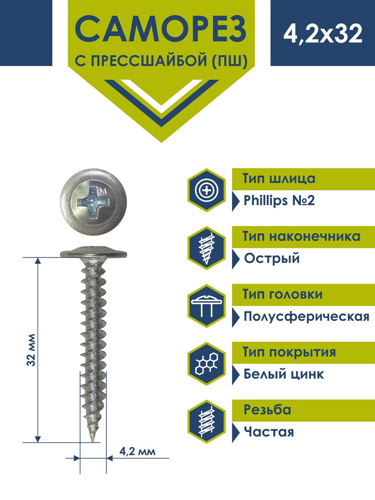 Саморез Daxmer усиленный с прессшайбой острый 4,2х32 (250 шт) цинк  #1