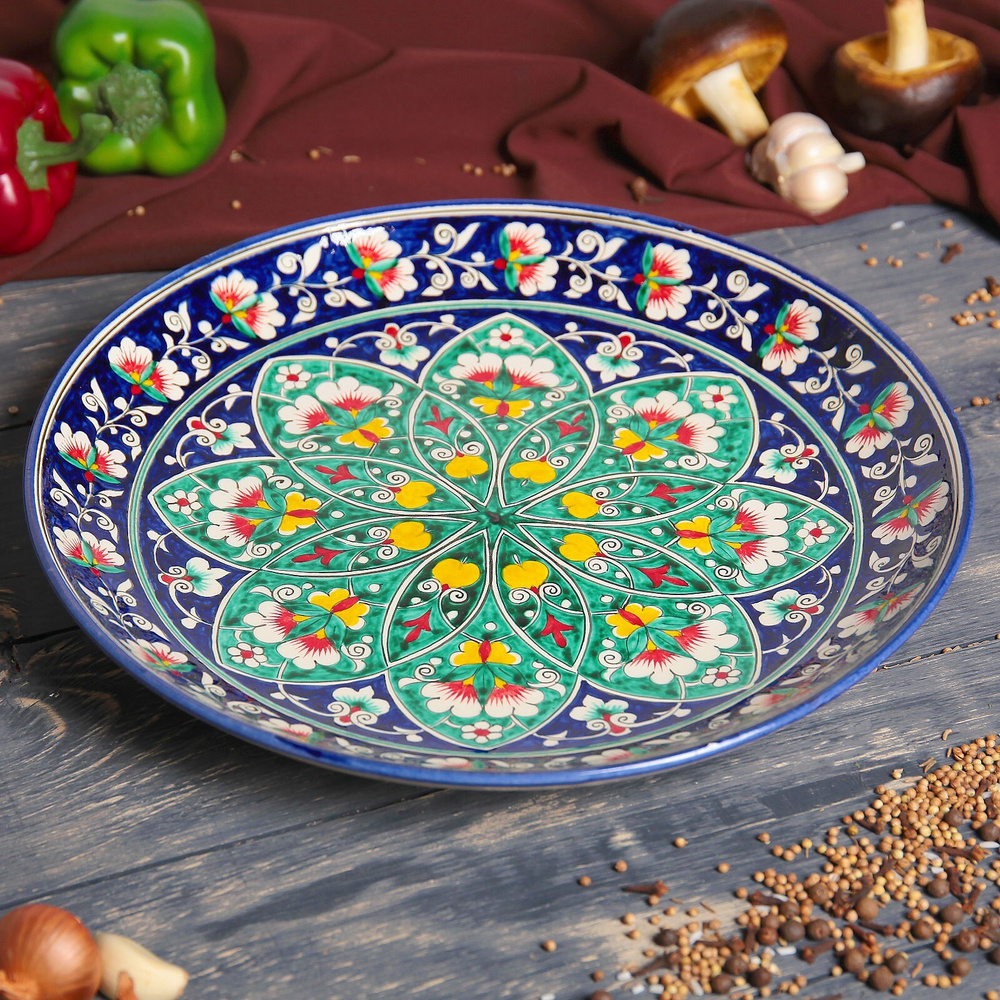Блюдо Ляган для плова и сервировки стола "Цветы", диаметр 31 см, цвет синий  #1