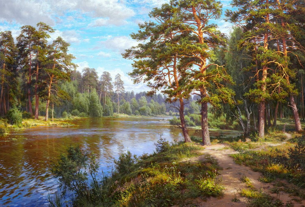 Картина по номерам на холсте 40x50 40 х 50 с подрамником "Красивый пейзаж в сосновом лесу. Басов"  #1