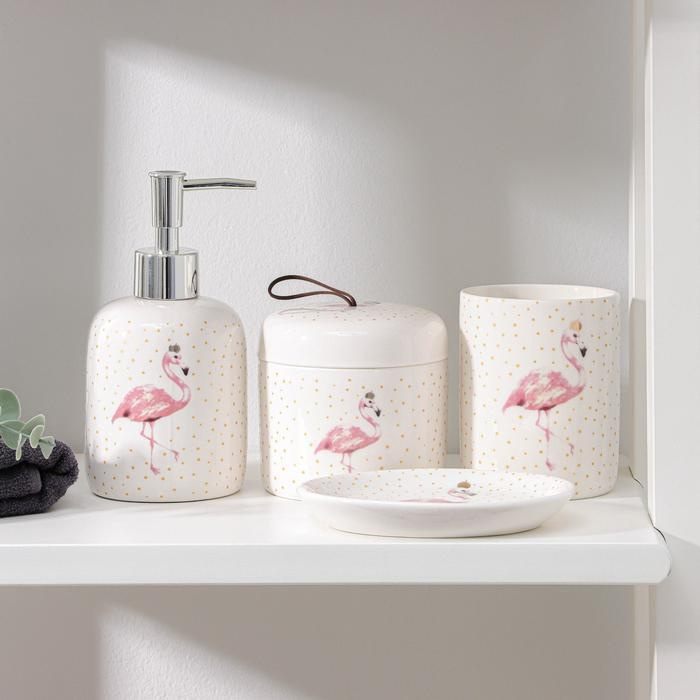 Набор аксессуаров для ванной комнаты "Фламинго", 4 предмета (дозатор 350 мл, мыльница, 2 стакана)  #1