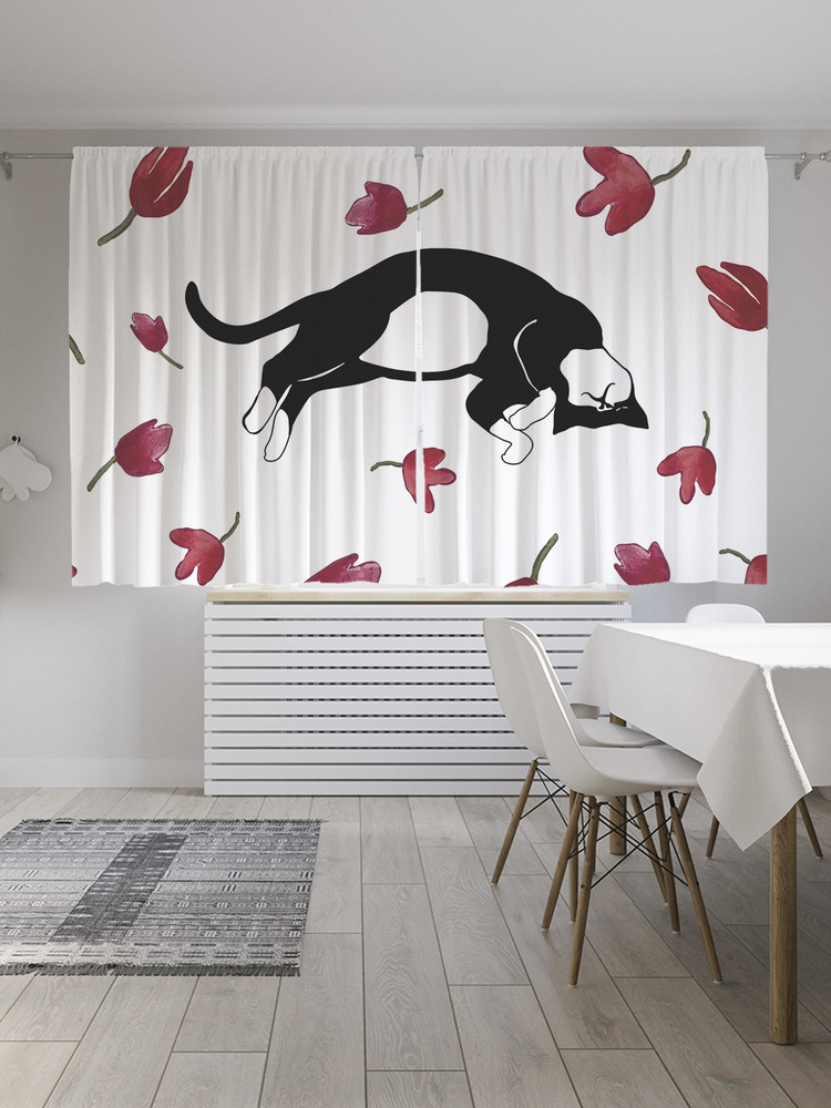 Фотошторы для кухни и спальни JoyArty "Кот в маках", 2 полотна со шторной лентой шириной по 145 см, высота #1