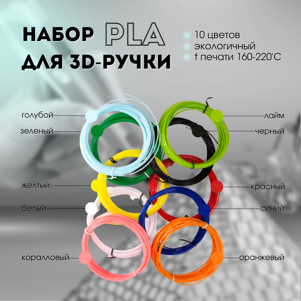 Набор PLA пластика для 3d-ручки 100 метров (10 цветов по 10 метров)  #1