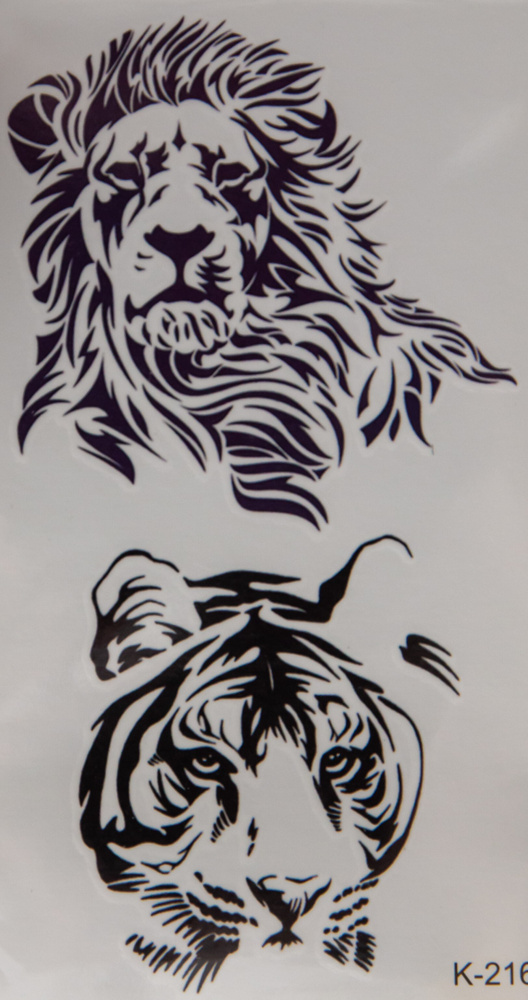 Татуха-муха / Контурные лев и тигр / временная татуировка / 6х11 см  #1