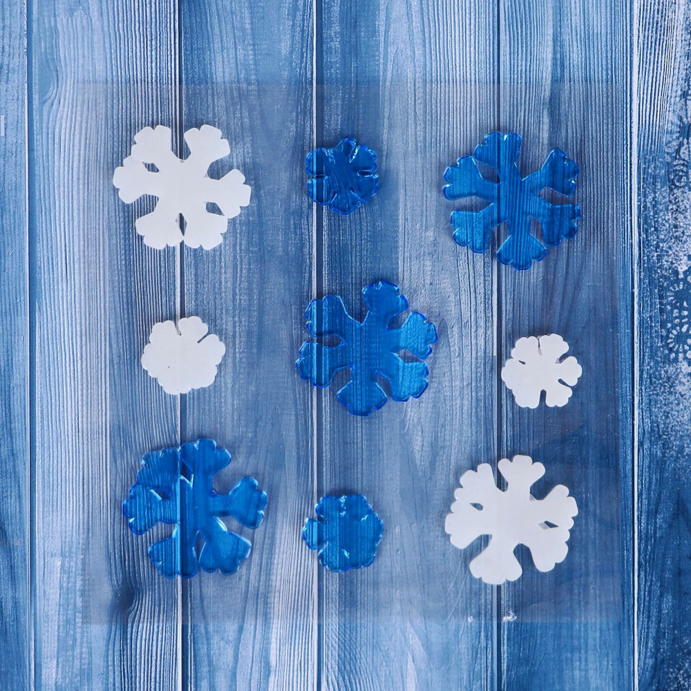 Стикер наклейка на стекло "Белые и синие снежинки" (Набор расширенный комплект 9 шт) 12,5х12,5 см  #1