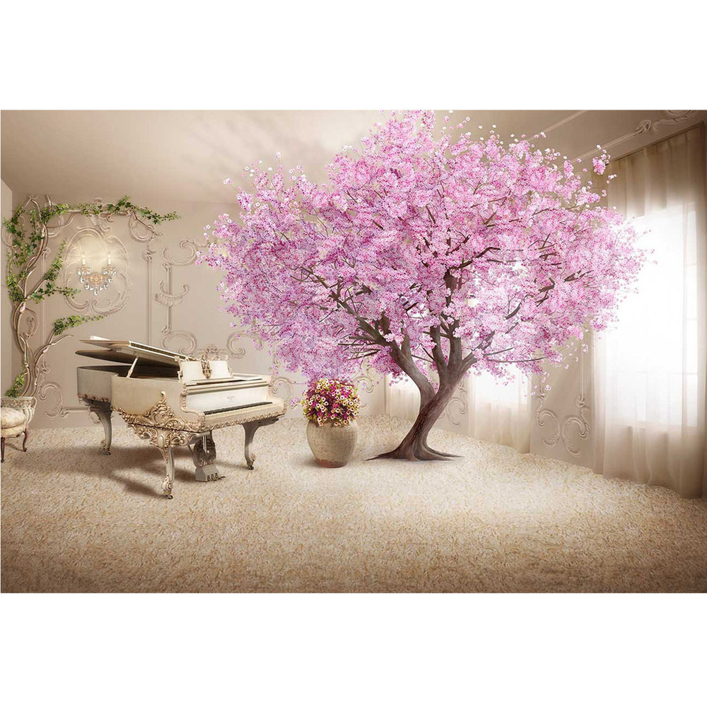 Фотообои Комната с роялем и сакурой 400x270 см #1