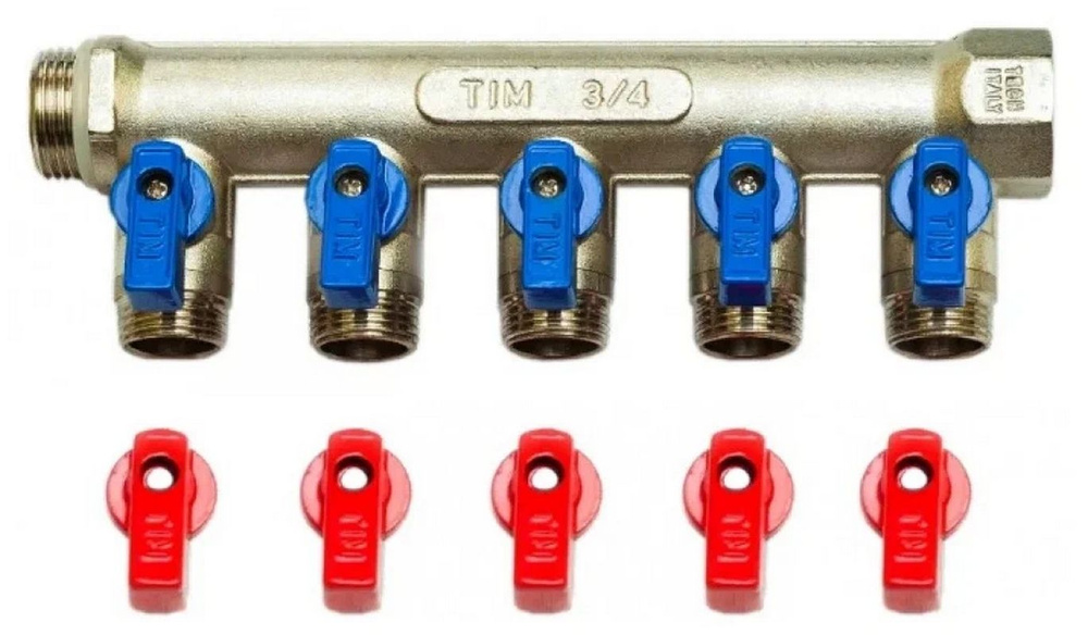 Коллектор с шаровыми кранами 3/4", 5 отвода 1/2" (красные и синиe ручки) TIM- MV-3/4-N-5  #1