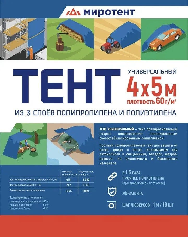 Чехол укрывной туристический, строительный 4х5 м (20 м2) Миротент 60 г/м2, тент для садовых качелей мебели #1