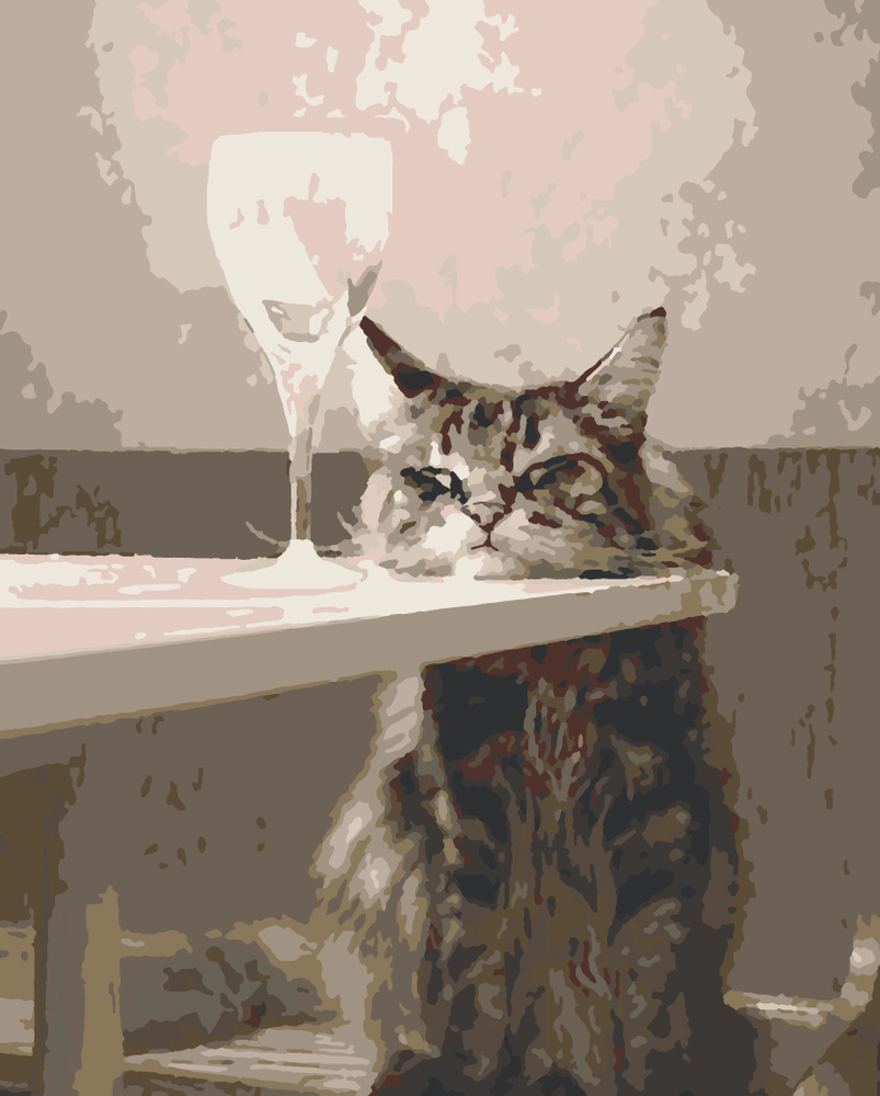 Картина по номерам на холсте на подрамнике 40х50 см. Уставший кот. Кошка и бокал  #1