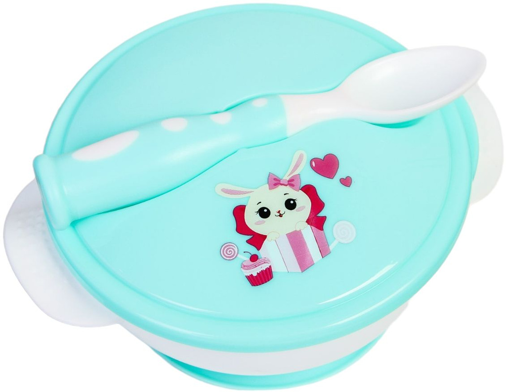 Набор детской посуды для кормления "Зайчик", тарелка на присоске с крышкой + ложка (крепится к крышке), #1
