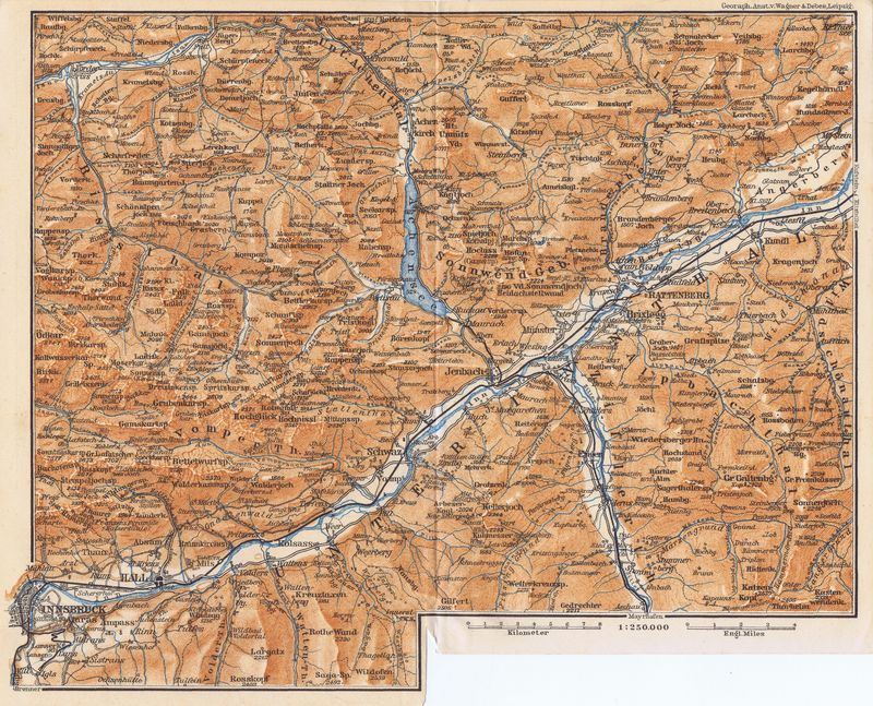 Географическая карта антикварная. Австрия. Город Инсбрук и долина Унтериннталь и их окрестности. Смешанная #1