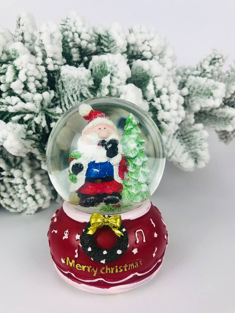 Новогодний сувенир - Стеклянный снежный шар (маленький) 68068 Merry christmas с венком "Дед Мороз у ёлочки", #1