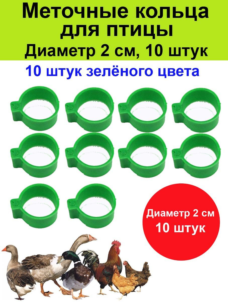 Меточные кольца 10 штук для с/х птицы, диаметр 20 мм. Цвет зелёный. Подходят для кур, бройлеров, уток, #1