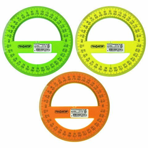 20 шт., Транспортир 12 см, 360 градусов, ПИФАГОР, прозрачный, неоновый, ассорти, 210621  #1