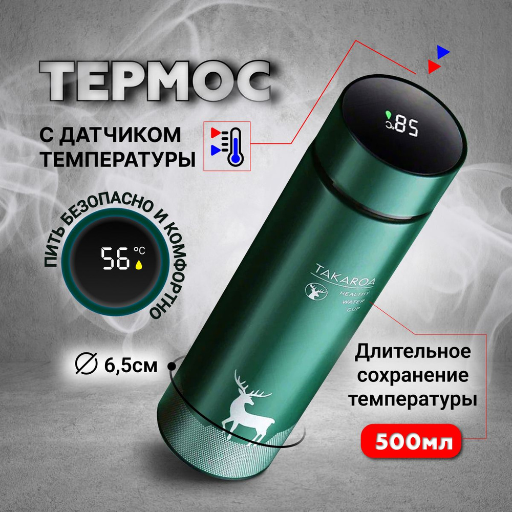 Термос вакуумный 0,5л (500мл) с датчиком температуры, для чая и кофе, термобутылка, термос ударопрочный #1