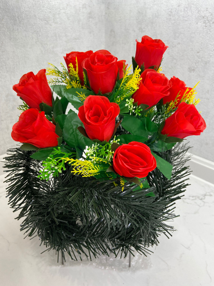 Корзина ритуальная "Роза Красная" средняя / Цветы искусственные для кладбища  #1