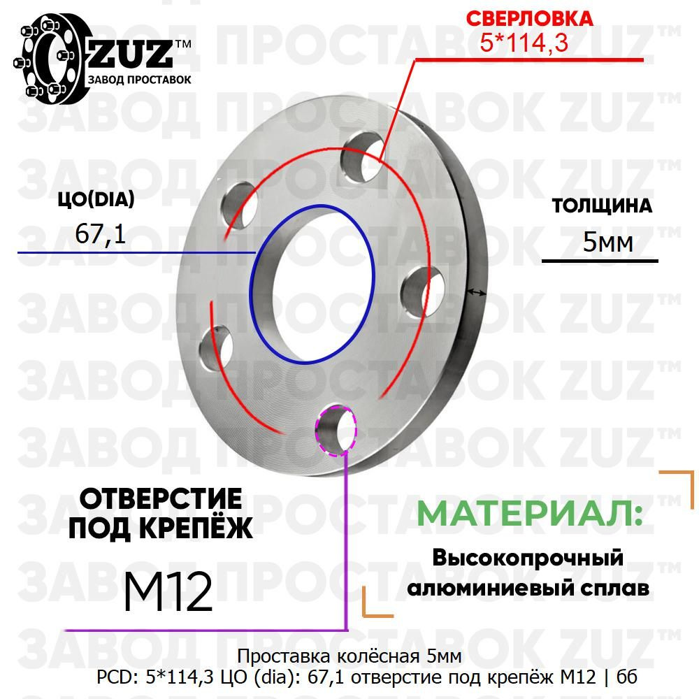 Проставка колёсная 5мм 5*114,3 ЦО 67,1 отверстие под крепёж М12 ступичная без бортика для дисков на ступицу #1