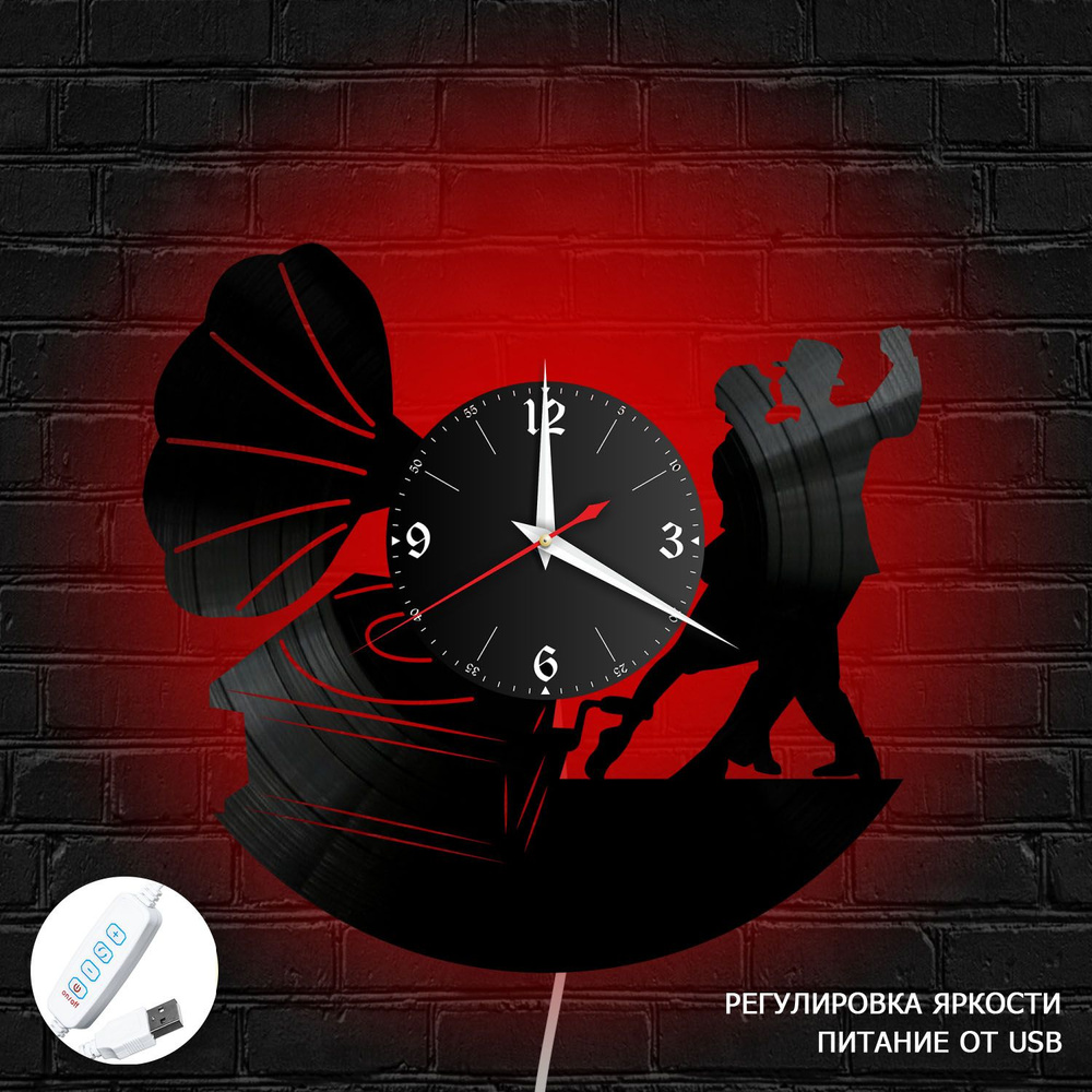 Настенные часы RedLaser "Музыка (Грамофон) из винила с красной подсветкой, №14", 30 см  #1