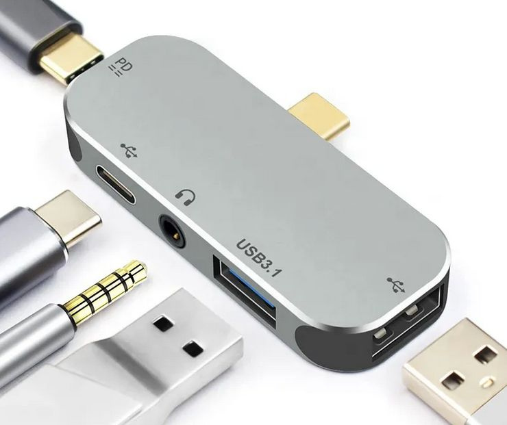 USB хаб разветвитель USB-C 5 в 1 (1 x USB 3.0, 2 x USB-C, 1 x USB 2.0, AUX 3.5), KS-is  #1
