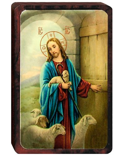 Икона на деревянной основе Иисуса Христа "Пастырь Добрый с овечками" (4х6 см).  #1