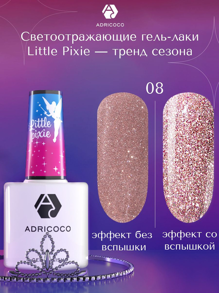 Гель лак для ногтей ADRICOCO Little Pixie розовый светоотражающий с блестками №08, 8 мл  #1