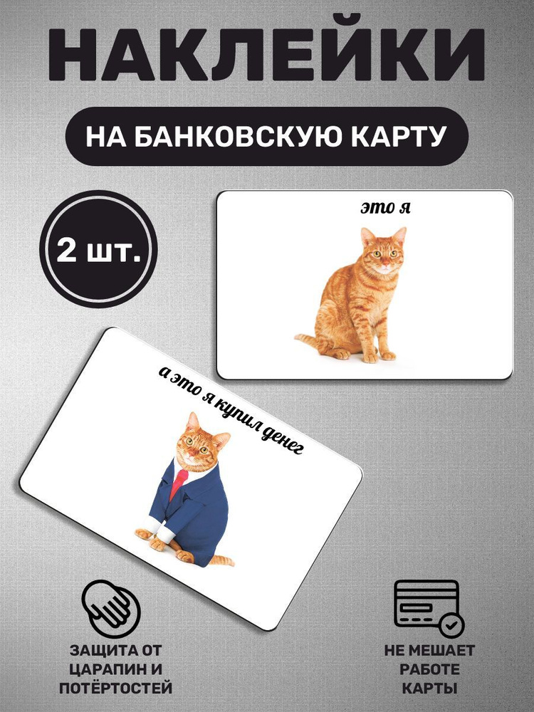 Наклейка на карту банковскую - 2 шт Деньги, кот, cat #1