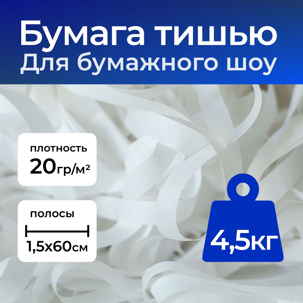 Бумага для бумажного шоу Тишью, белая для праздника, полосы 15х600мм, 20г/м2, 4,5кг  #1