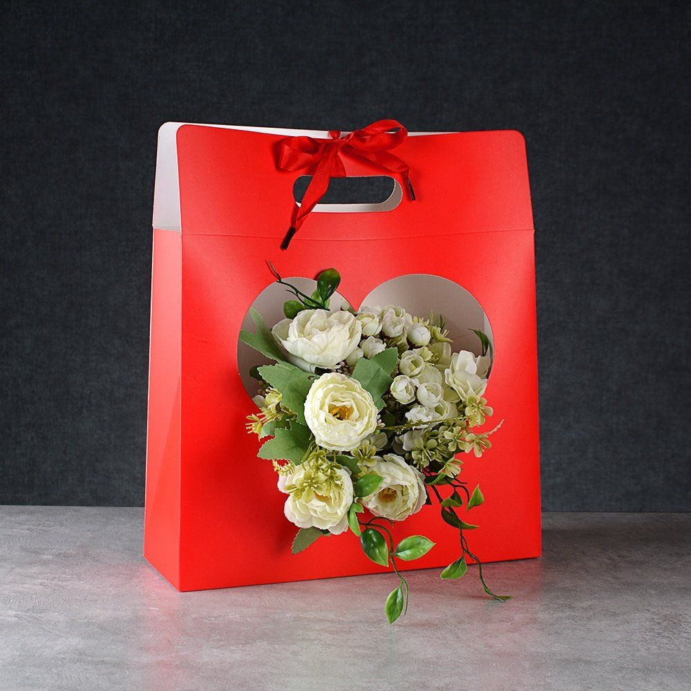 Пакет подарочный с окном 32х11х36,5см "Сердце", для цветов, подарка / красный  #1