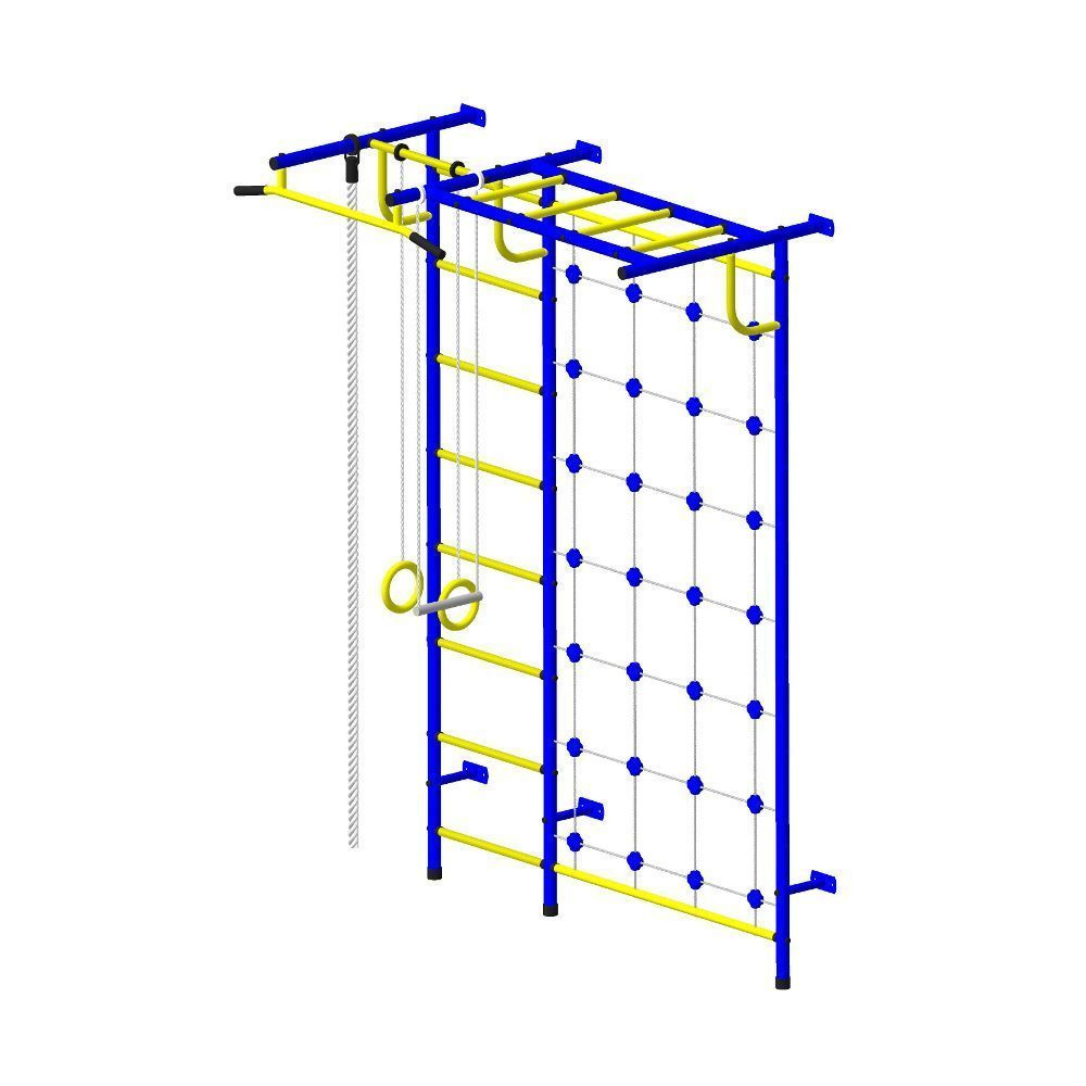 Детский спортивный комплекс "Пионер - С4С" сине-жёлтый, крепление к стене _ канат, кольца, трапеция, #1