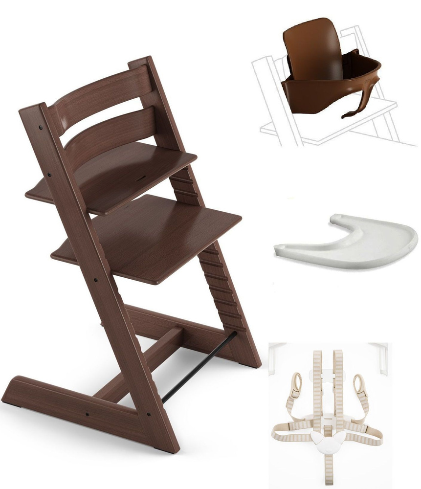 Стульчик для кормления 4 в 1 Stokke Tripp Trapp Walnut Brown с сидением Baby Set и столиком White /ремни #1