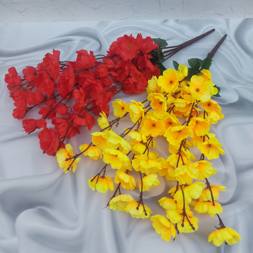 Искусственные цветы на кладбище. Ветки сакуры красные и желтые 2 шт. / 60 см высота / Букеты на Пасху, #1