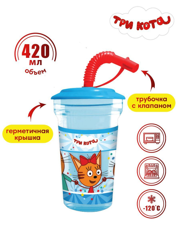 Стакан ND Play / Три кота диз.3 ( с соломинкой, 20 см, пластик, BPA Free, для горячих и холодных напитков, #1