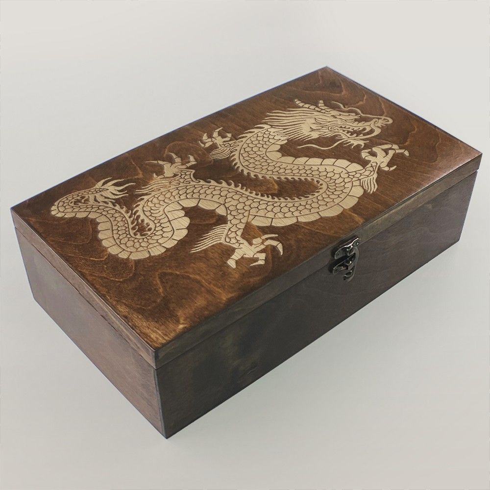 Коробка для чайных пакетиков (Чайница) из дерева, большая, 4 отделения с узором "азия драконы (япония, #1