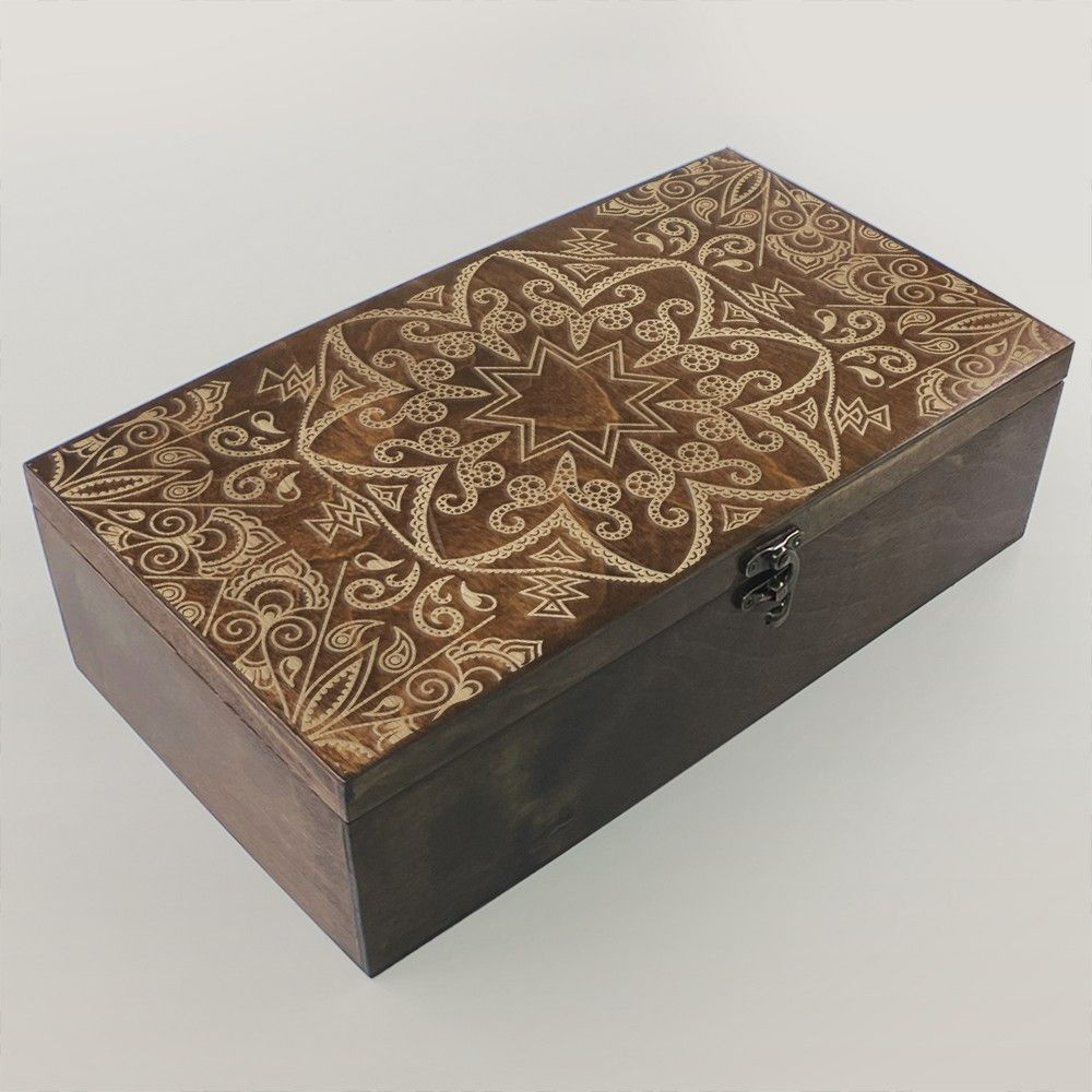 Коробка для чайных пакетиков (Чайница) из дерева, большая, 4 отделения с узором "минимализм мандала (роспись, #1