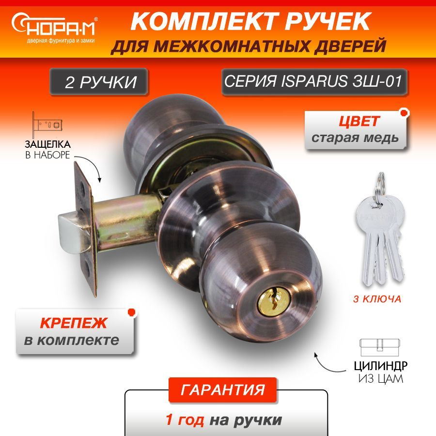 Ручка-защелка НОРА-М ISPARUS ЗШ-01, поворотная, межкомнатная, ключ/фиксатор, старая медь  #1