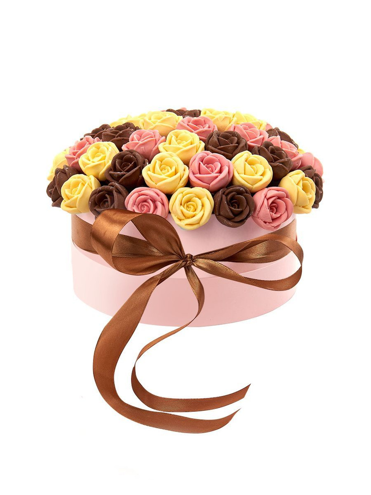 Съедобные сладкие розы 51 шт. CHOCO STORY в Розовой Шляпной коробке: Желтый, Розовый и Шоколадный Бельгийский #1